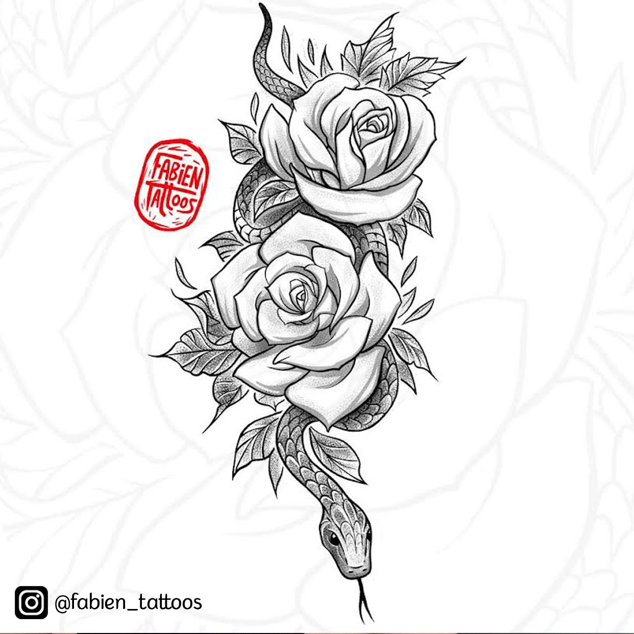 Illustration serpent et rose pour tatouage