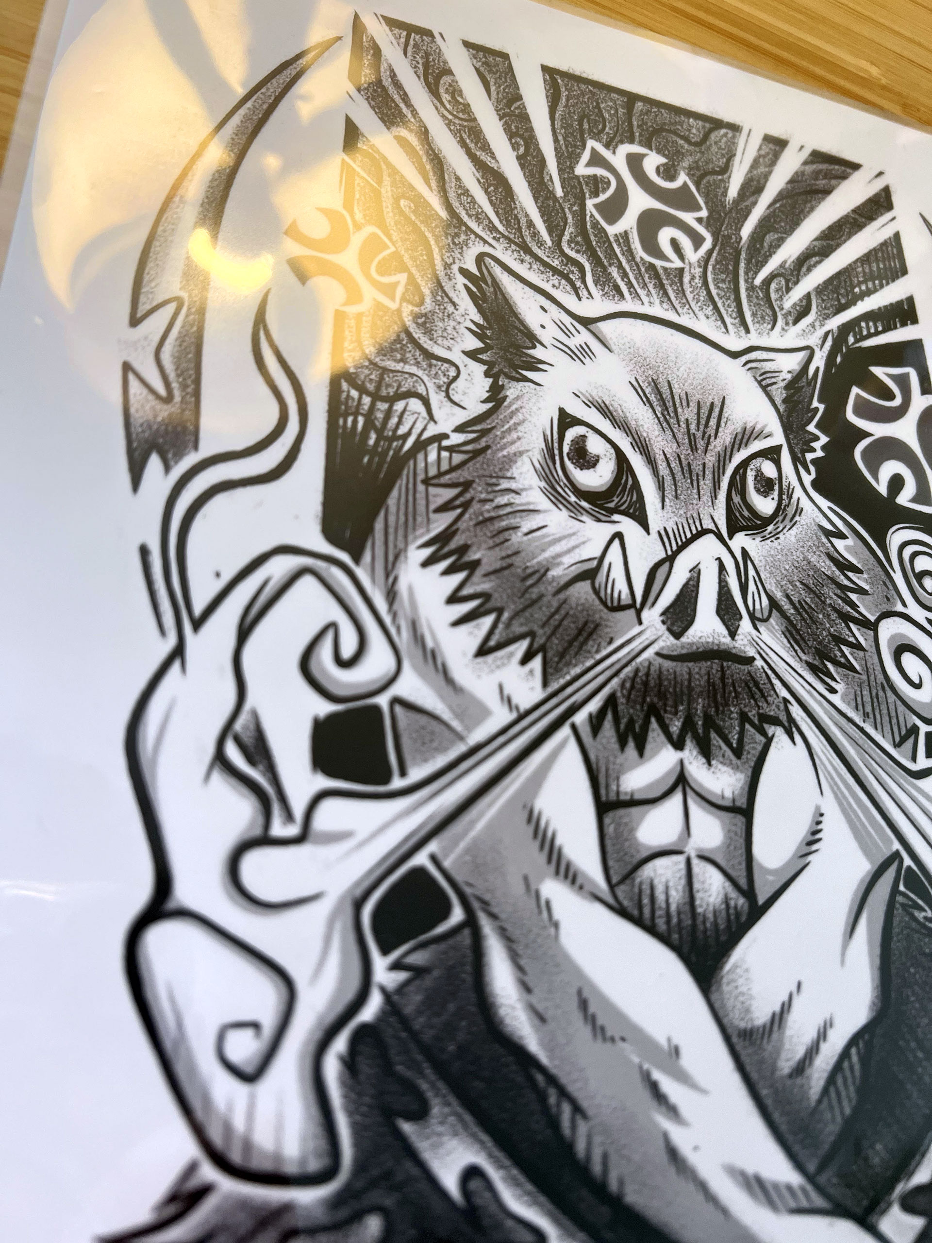 Illustration print zoom Inosuke demon slayer réalisée par Fabien Tattoos tatoueur à Strasbourg Brumath