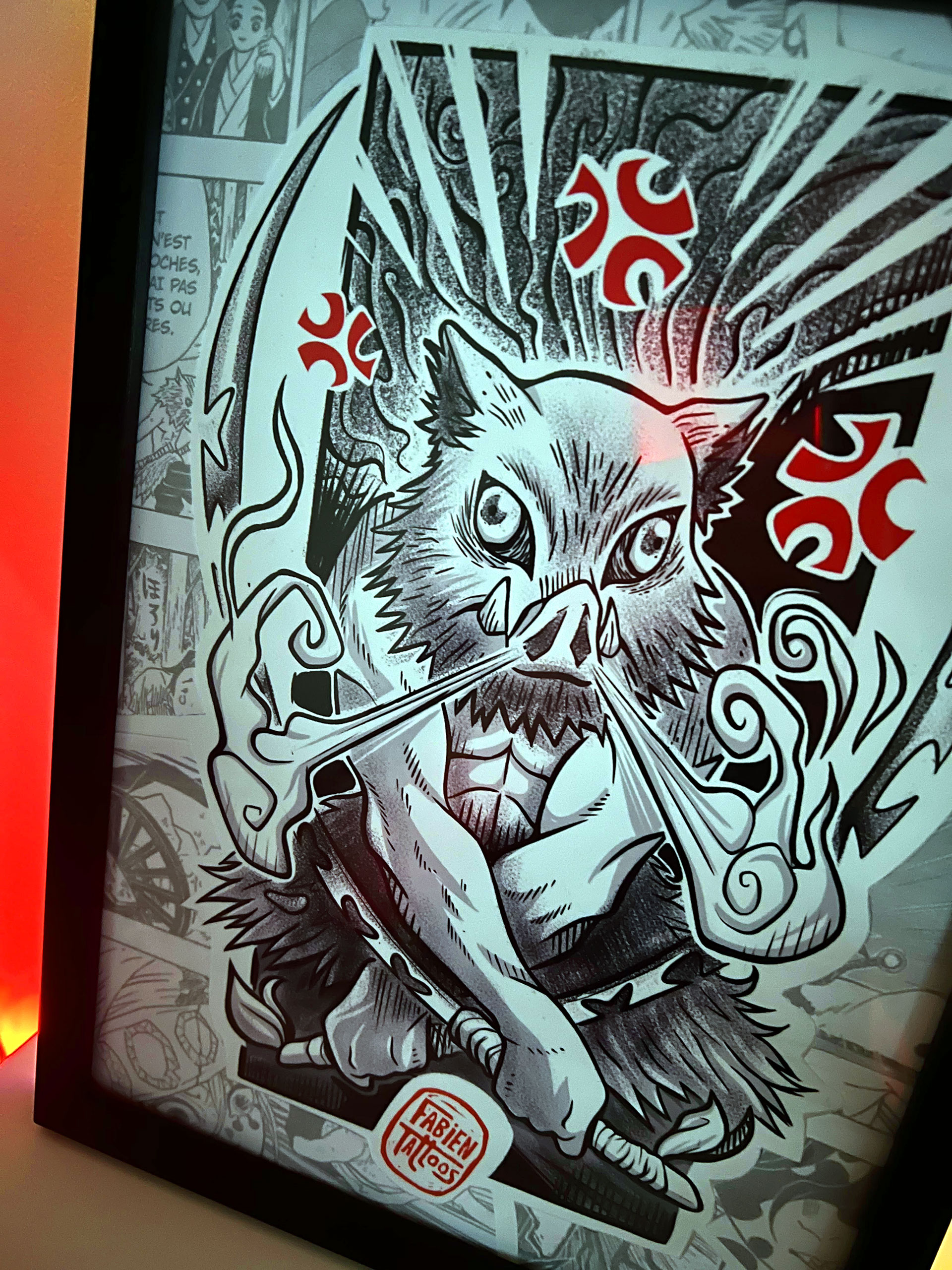Image 3/4 Tableau encadré Inosuke Demon Slayer réalisée par Fabien Tattoos tatoueur à Strasbourg Brumath