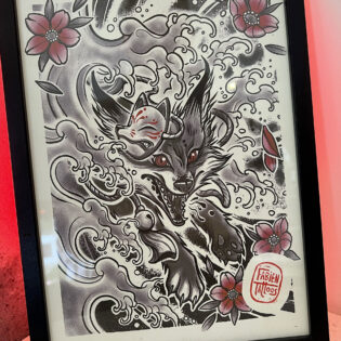 Kitsune illustration japonaise encadrée Fabien Tattoo illustrateur tatoueur strasbourg
