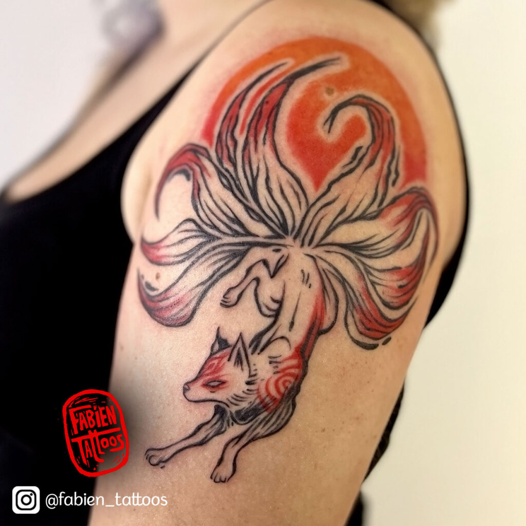 Tatouage couleur renard japonais kitsune tatoueur strasbourg fabien tattoos