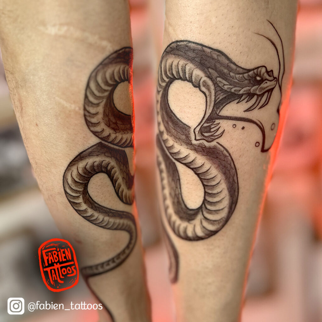 Tatouage Serpent agressif noir et gris tatoueur strasbourg Fabien Tattoos