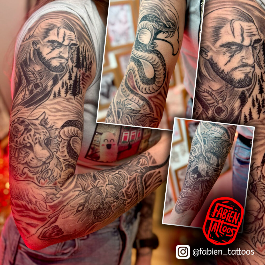 Tatouage Manchette bras complet witcher serpent lion tatoueur strasbourg Fabien Tattoos