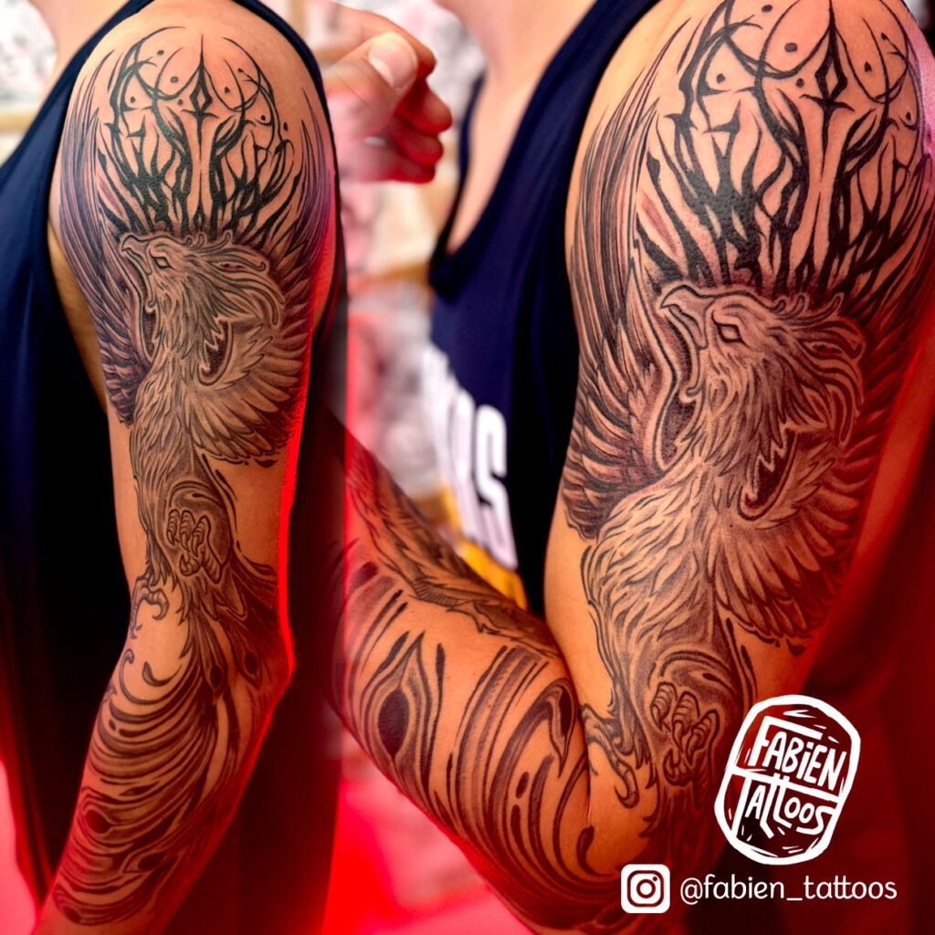 Tatoueur Strasbourg Tatouage bras complet phénix mythologie