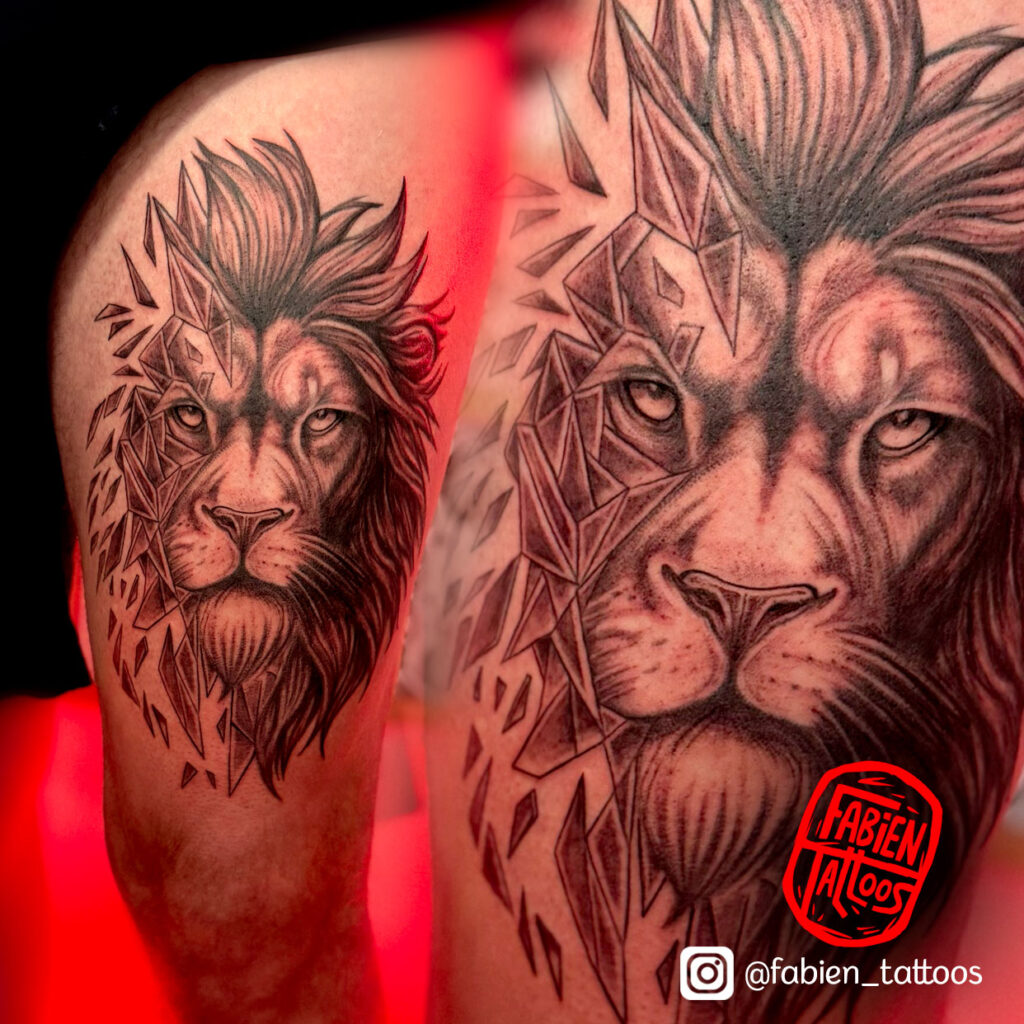 Tatouage Lion réaliste Tatoueur Strasbourg Fabien Tattoos