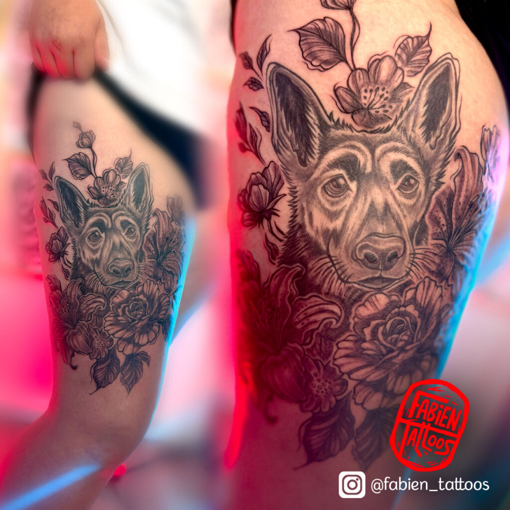 Tatouage réaliste floral chien cuisse tatoueur Strasbourg Fabien Tattoos